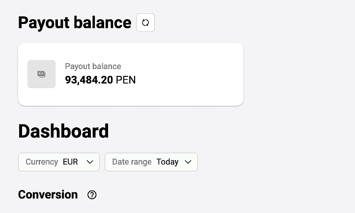 Payout balance block on the Dashboard page