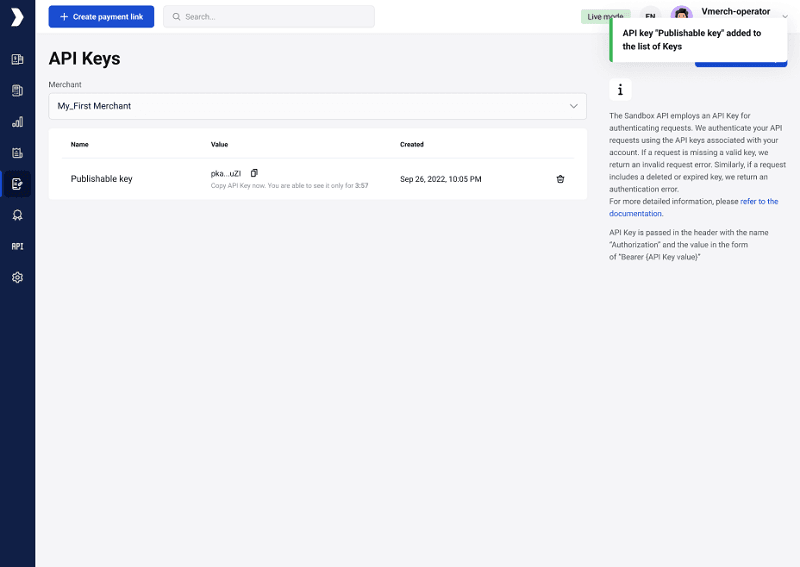 API key generated