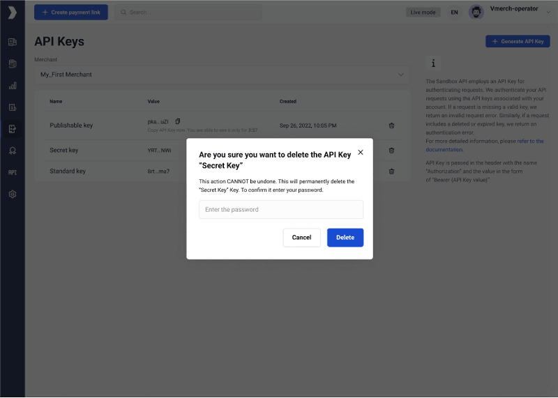 Confirm API key deletion